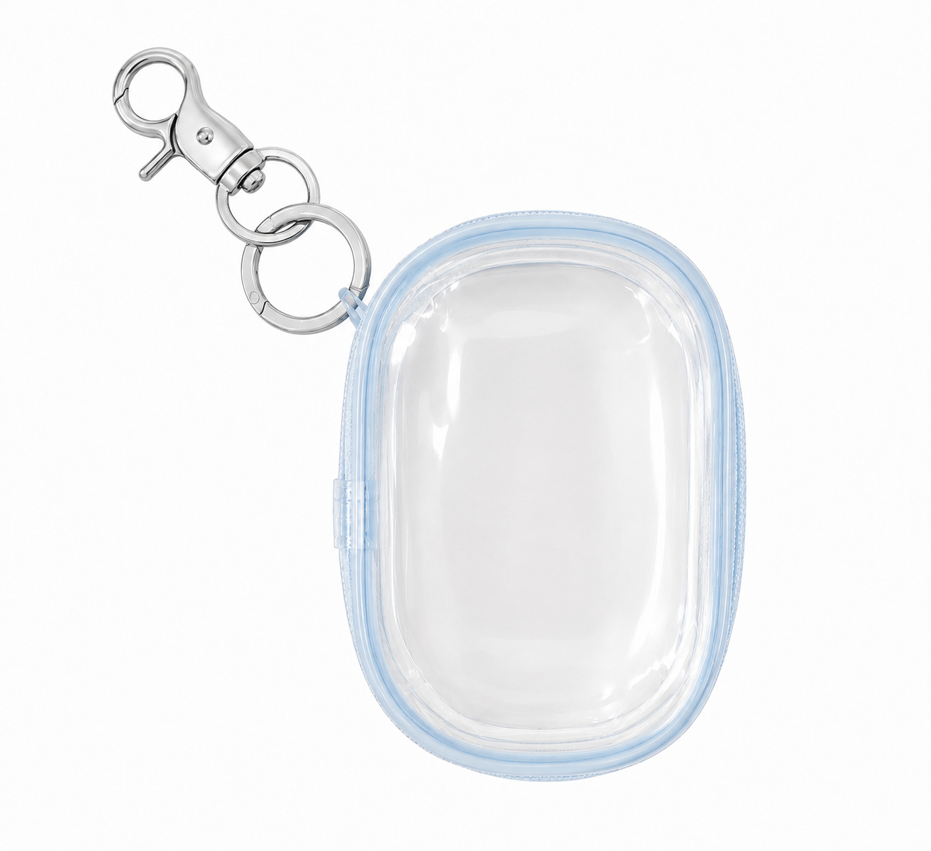 Clear air pod case with blue rim and silver clip on a white background