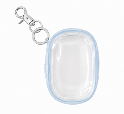 Clear air pod case with blue rim and silver clip on a white background