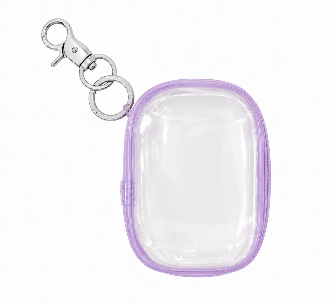 Clear pouch with purple trim and silver keychain clip on a white background