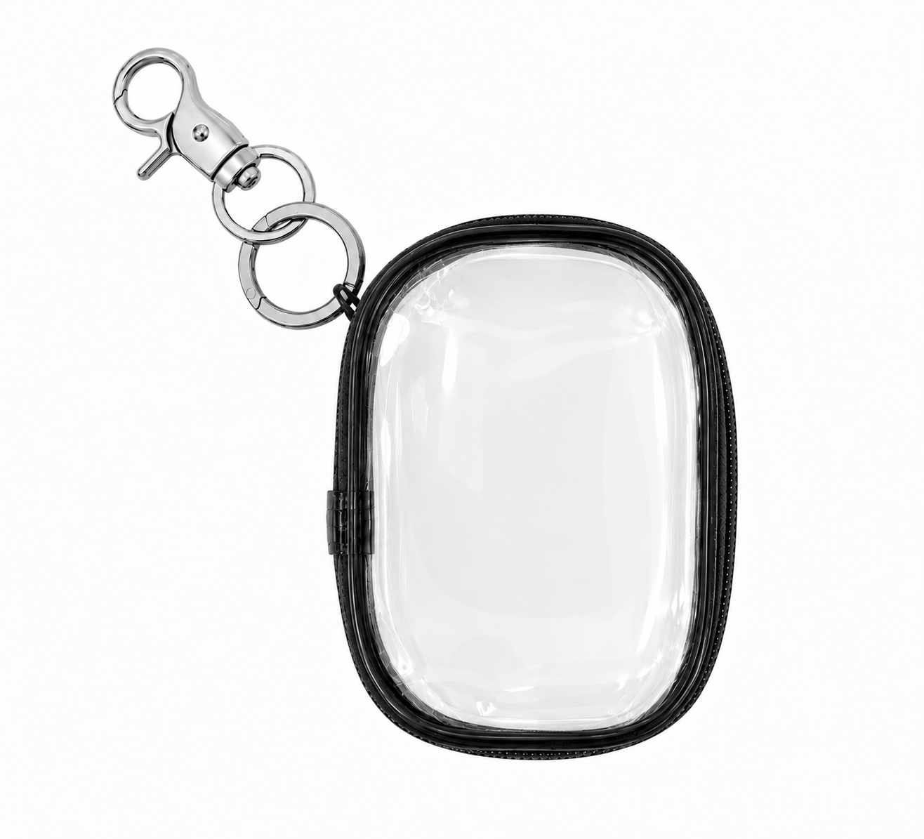 Clear keychain case with black border and silver clasp on a white background bagzy