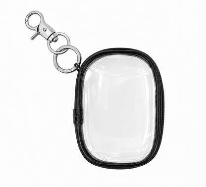 Clear keychain case with black border and silver clasp on a white background bagzy