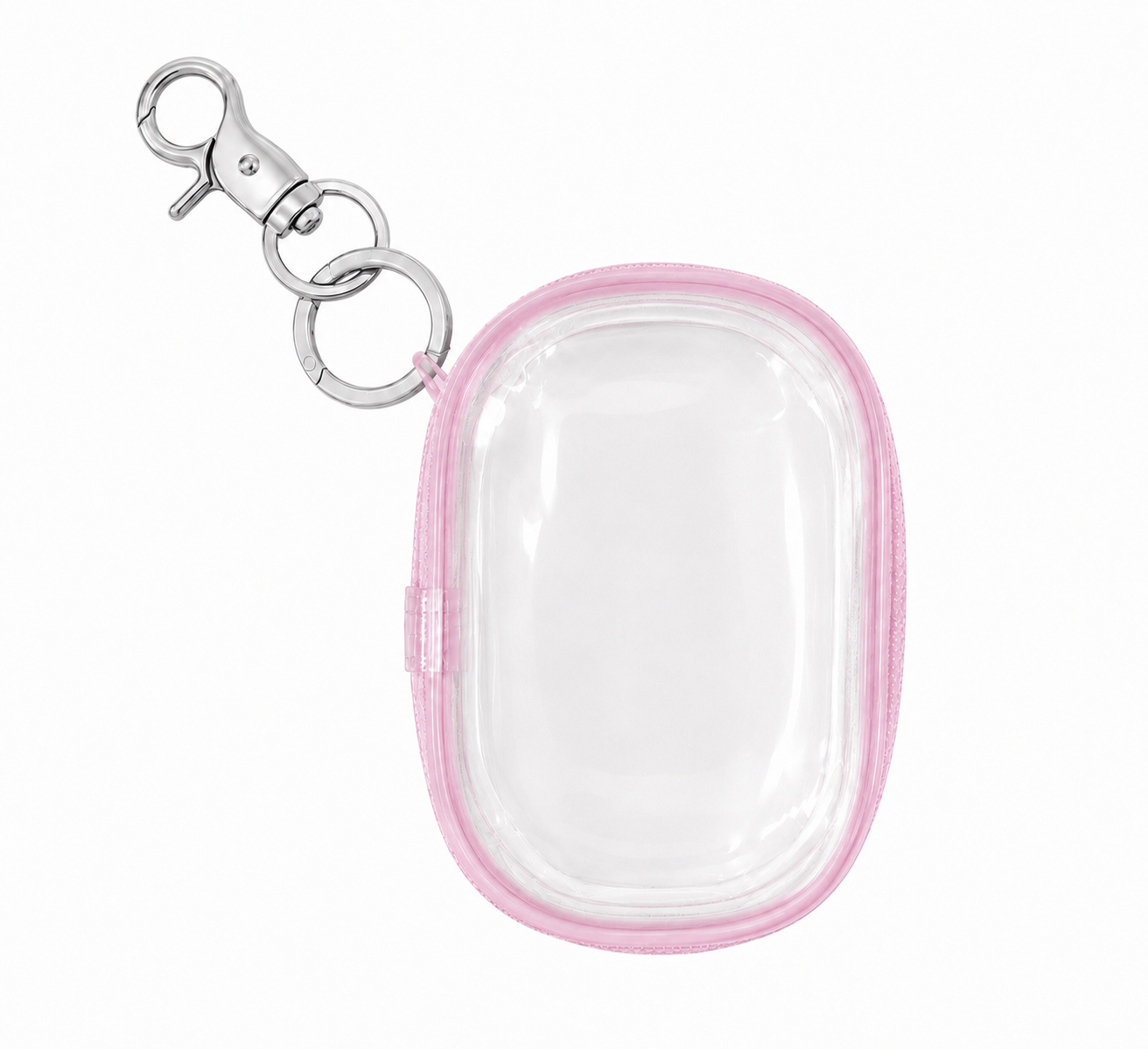 Clear air tag holder with pink border and silver clip on a white background 
