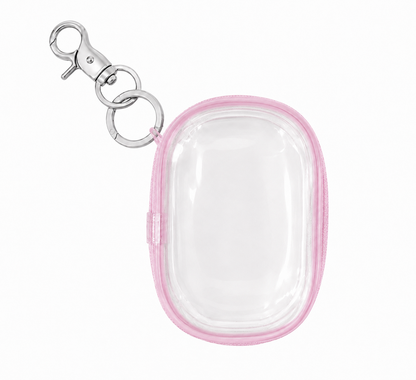 Clear air tag holder with pink border and silver clip on a white background 