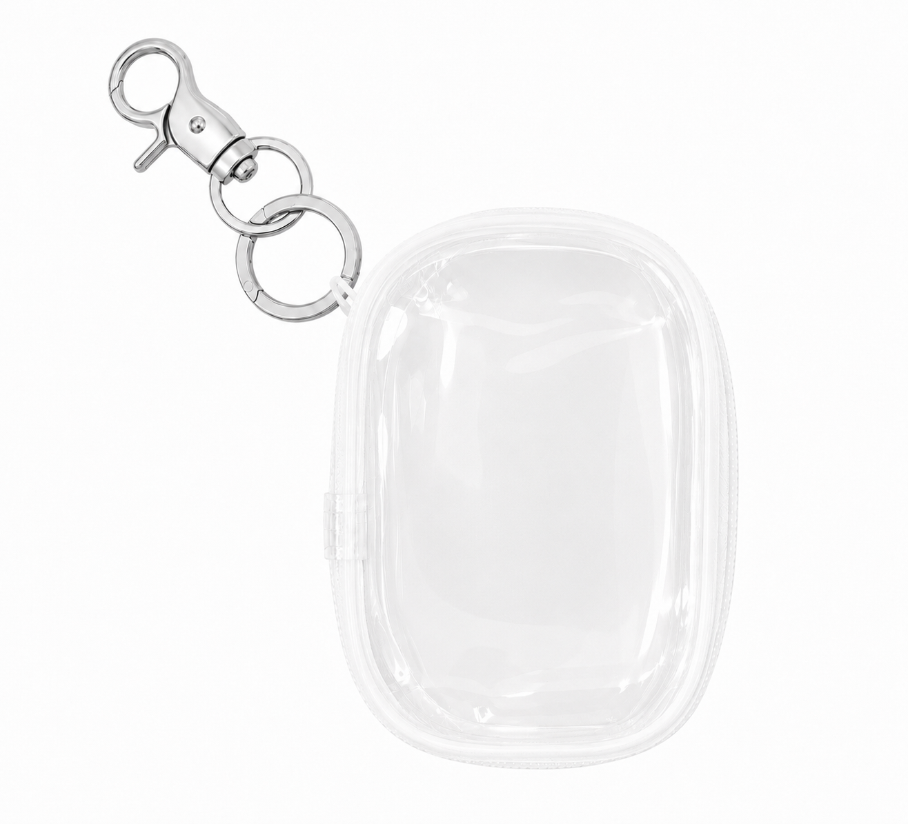 Clear plastic keychain case with metal clasp on a white background